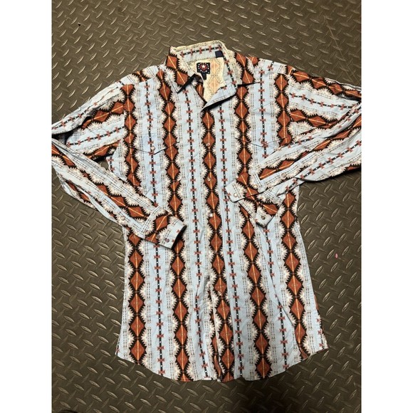 Vintage Panhandle Slim Shirt Mens SMALL blue/brow Button Up Aztec Western Cotton - Picture 2 of 5